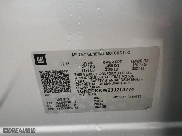 2018 Chevrolet Traverse Premier with VIN 1GNERKKW2JJ214774, listed as a Copart auction lot 87825795 with 100,041 mi miles and Salvage Title. Bid and sale history available at carsss.com. Image 13.