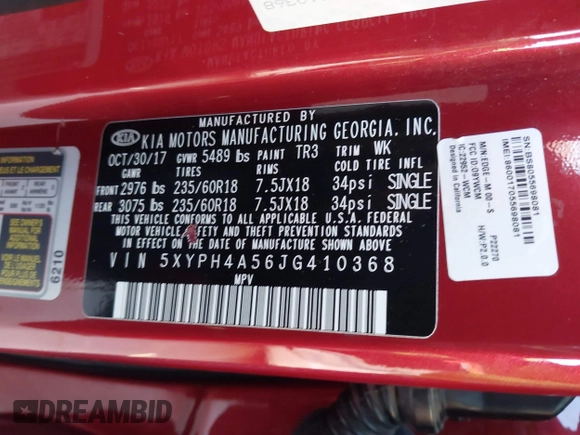 2018 Kia Sorento EX with VIN 5XYPH4A56JG410368, listed as a IAAI auction lot 41165704 with Not Provided miles and . Bid and sale history available at DreamBid. Image 9.