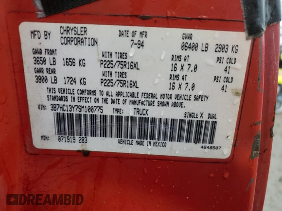 1995 Dodge 1500 z VIN 3B7HC13Y7SM100775, wystawiony jako Copart lot #79397364 z przebiegiem 228 303 mil mil oraz Szkoda całkowita • Salvage title. Historia ofert i sprzedaży dostępna na DreamBid. Obrazek 12.
