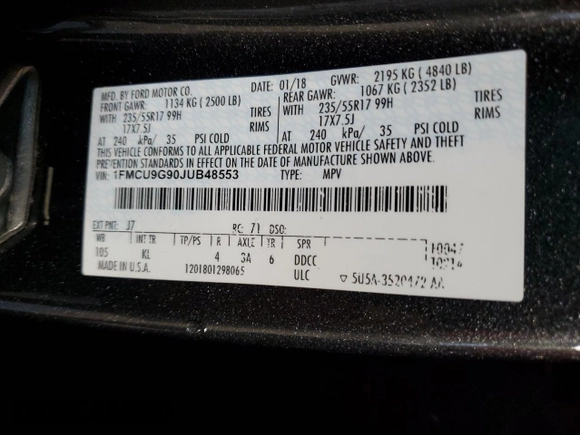 2018 Ford Escape SE with VIN 1FMCU9G90JUB48553, listed as a Copart auction lot 51171255 with 134,423 mi miles and Salvage Title. Bid and sale history available at carsss.com. Image 12.