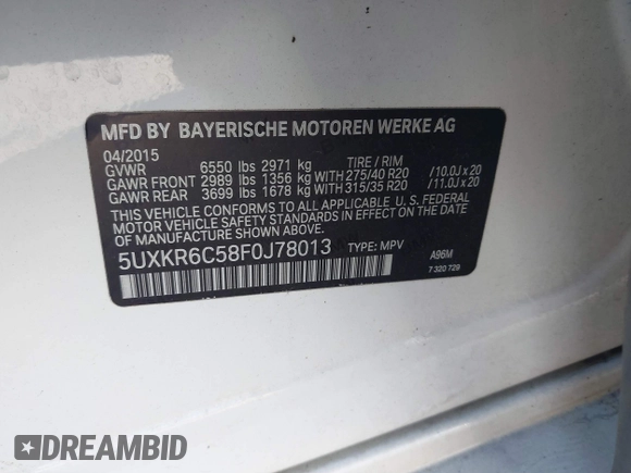 2015 BMW X5 xDrive50i z VIN 5UXKR6C58F0J78013, wystawiony jako IAAI lot #41335257 z przebiegiem Nie podano mil oraz . Historia ofert i sprzedaży dostępna na DreamBid. Obrazek 9.
