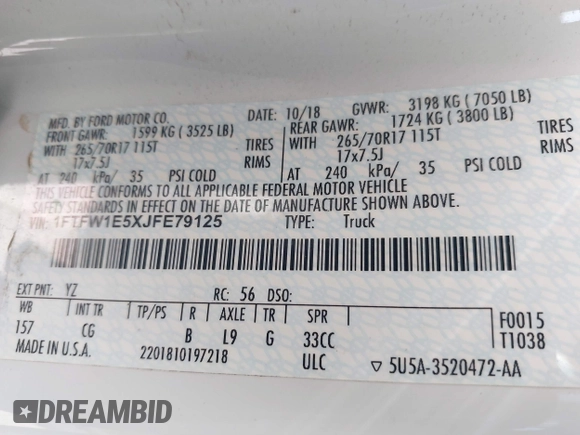 2018 Ford F-150 XL with VIN 1FTFW1E5XJFE79125, listed as a IAAI auction lot 42043296 with 165,003 mi miles. Bid and sale history available at carsss.com. Image 9.