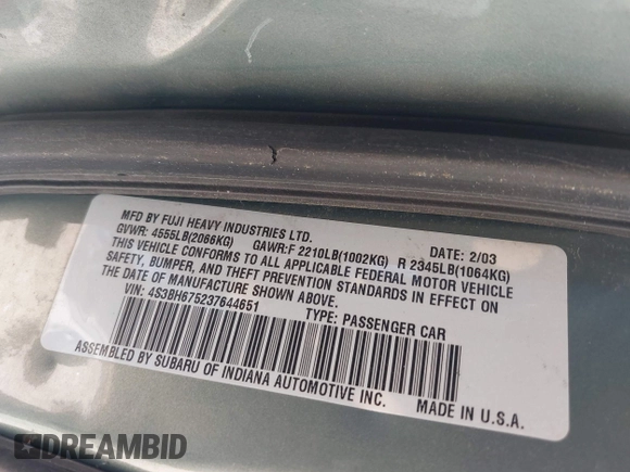 2003 Subaru Legacy Outback with VIN 4S3BH675237644651, listed as a IAAI auction lot 42628092 with 209,522 mi miles and . Bid and sale history available at DreamBid. Image 9.
