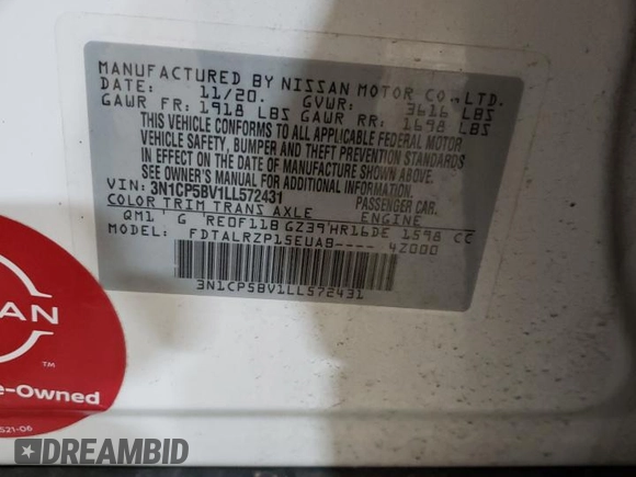 2020 Nissan Kicks S with VIN 3N1CP5BV1LL572431, listed as a Copart auction lot 45572655 with 49,903 mi miles and Salvage Title. Bid and sale history available at carsss.com. Image 14.