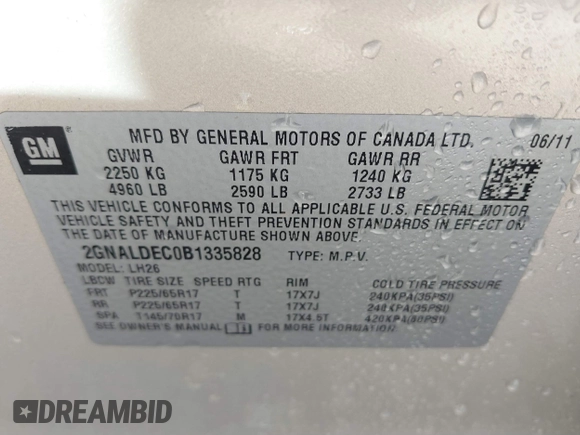 2011 Chevrolet Equinox LT w/1LT with VIN 2GNALDEC0B1335828, listed as a IAAI auction lot 41807793 with 102,505 mi miles. Bid and sale history available at carsss.com. Image 9.