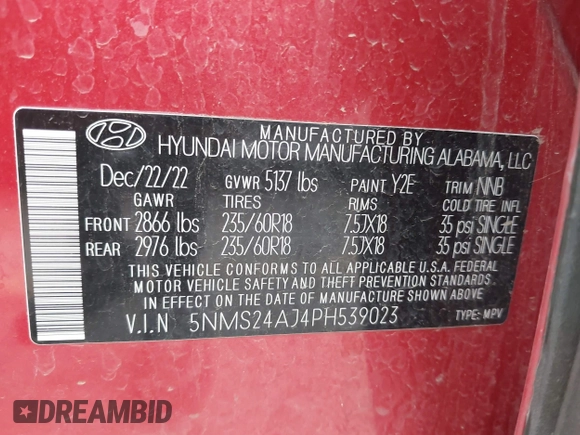 2023 Hyundai Santa Fe SEL with VIN 5NMS24AJ4PH539023, listed as a IAAI auction lot 42170777 with 73,876 mi miles and . Bid and sale history available at DreamBid. Image 9.