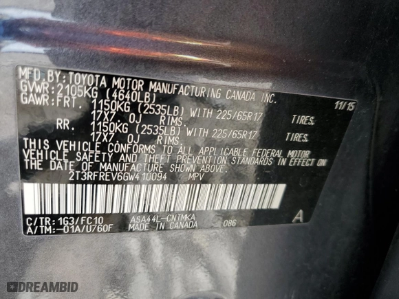 2016 Toyota RAV4 XLE with VIN 2T3RFREV6GW410094, listed as a Copart auction lot 50030555 with 111,610 mi miles and Salvage Title. Bid and sale history available at carsss.com. Image 15.