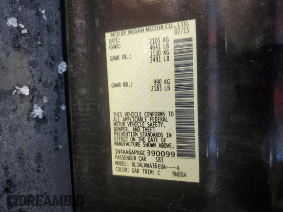 2016 Nissan Maxima SL with VIN 1N4AA6APXGC390099, listed as a Copart auction lot 41359135 with 66,199 mi miles and Salvage Title. Bid and sale history available at DreamBid. Image 12.