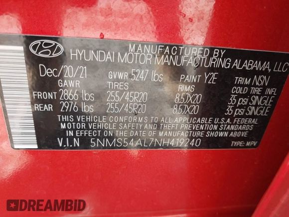 2022 Hyundai Santa Fe Calligraphy with VIN 5NMS54AL7NH419240, listed as a IAAI auction lot 41115173 with 46,436 mi miles. Bid and sale history available at carsss.com. Image 9.