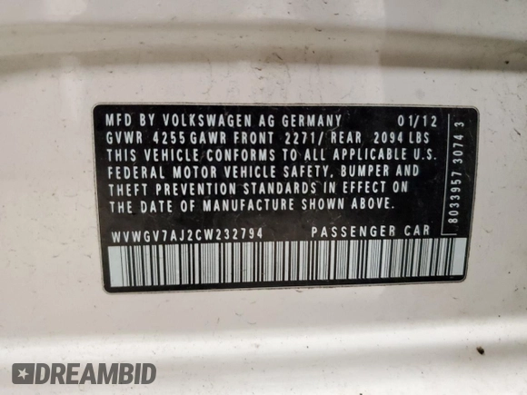 2012 Volkswagen Golf GTI with VIN WVWGV7AJ2CW232794, listed as a Copart auction lot 55497715 with 196,626 mi miles and Clean title. Bid and sale history available at DreamBid. Image 12.