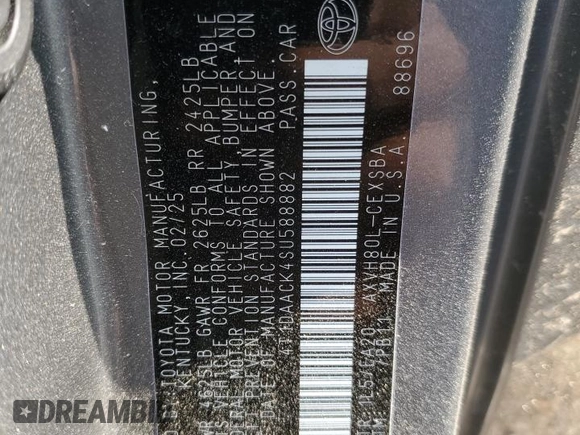 2025 Toyota Camry LE z VIN 4T1DAACK4SU588882, wystawiony jako Copart lot #52717395 z przebiegiem Nie podano mil oraz Szkoda całkowita • Salvage title. Historia ofert i sprzedaży dostępna na DreamBid. Obrazek 15.