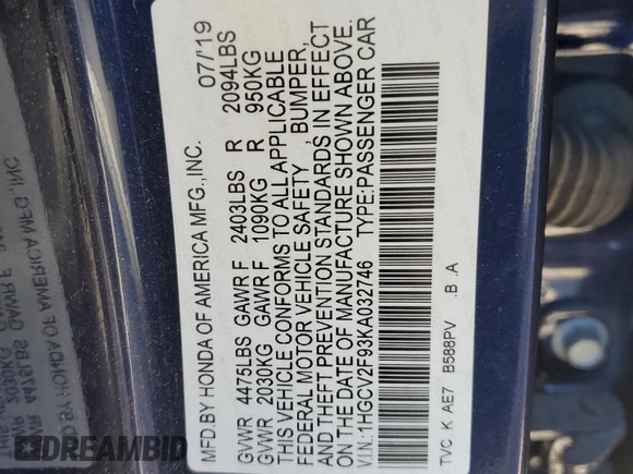 2019 Honda Accord Touring with VIN 1HGCV2F93KA032746, listed as a Copart auction lot 47617445 with 79,351 mi miles and Salvage title. Bid and sale history available at DreamBid. Image 12.