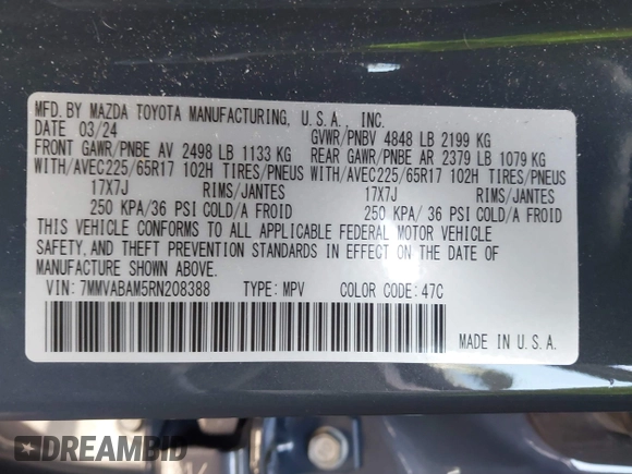 2024 Mazda CX-50 S Select with VIN 7MMVABAM5RN208388, listed as a IAAI auction lot 41301055 with 9,815 mi miles and . Bid and sale history available at DreamBid. Image 9.