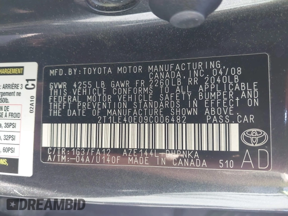 2009 Toyota Matrix S z VIN 2T1LE40E09C006482, wystawiony jako IAAI lot #42624578 z przebiegiem 163 224 mil mil oraz . Historia ofert i sprzedaży dostępna na DreamBid. Obrazek 9.