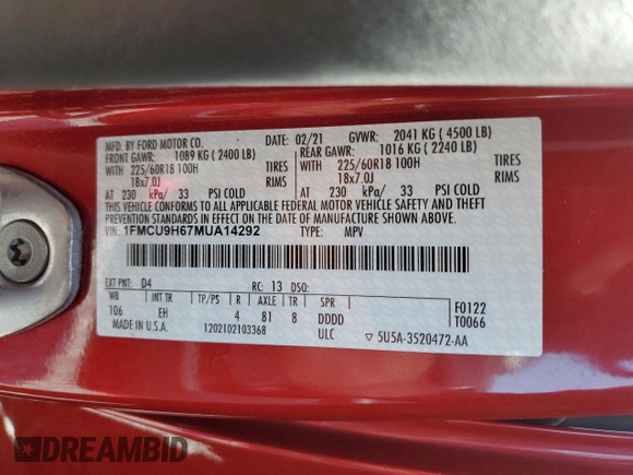 2021 Ford Escape SEL с VIN 1FMCU9H67MUA14292, выставлен на аукционе Copart как лот 61472095 с пробегом 33 270 миль миль и Списание • Salvage title. История ставок и продаж доступна на DreamBid. Изображение 14.