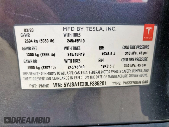2020 Tesla Model S Long Range with VIN 5YJSA1E29LF385201, listed as a Copart auction lot 59536305 with 57,108 mi miles and Salvage title. Bid and sale history available at DreamBid. Image 12.