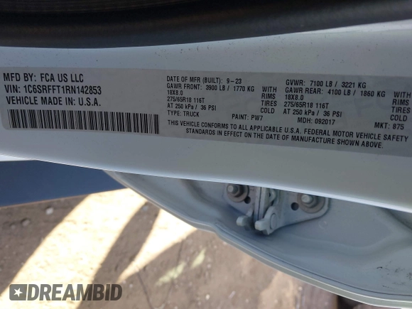 2024 Ram 1500 Big Horn with VIN 1C6SRFFT1RN142853, listed as a IAAI auction lot 41722121 with 16,566 mi miles and . Bid and sale history available at DreamBid. Image 9.