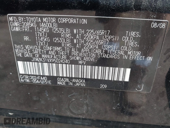2009 Toyota RAV4 Limited с VIN JTMZK31VX95024240, выставлен на аукционе IAAI как лот 42149950 с пробегом 134 056 миль миль и . История ставок и продаж доступна на DreamBid. Изображение 9.