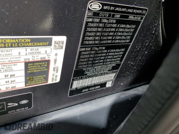 2019 Land Rover Range Rover Sport HSE Dynamic with VIN SALWV2SV9KA426677, listed as a Copart auction lot 71195864 with 0 mi miles and Salvage Title. Bid and sale history available at carsss.com. Image 13.
