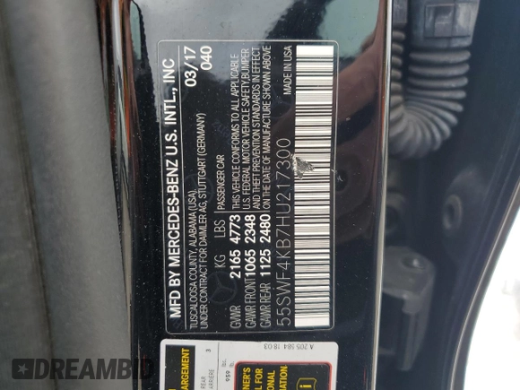2017 Mercedes-Benz C 300 with VIN 55SWF4KB7HU217300, listed as a Copart auction lot 58961125 with 101,054 mi miles and Salvage title. Bid and sale history available at DreamBid. Image 13.