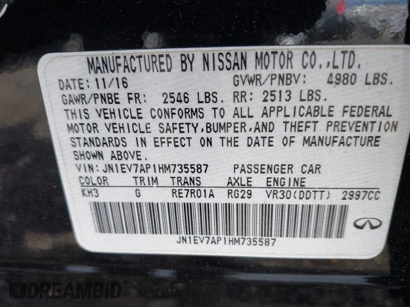 2017 Infiniti Q50 Premium with VIN JN1EV7AP1HM735587, listed as a IAAI auction lot 42341024 with 107,372 mi miles and . Bid and sale history available at DreamBid. Image 9.