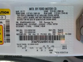 2017 Ford Fusion Titanium with VIN 3FA6P0SU6HR414181, listed as a Copart auction lot 59240095 with 57,224 mi miles and Salvage title. Bid and sale history available at DreamBid. Image 12.