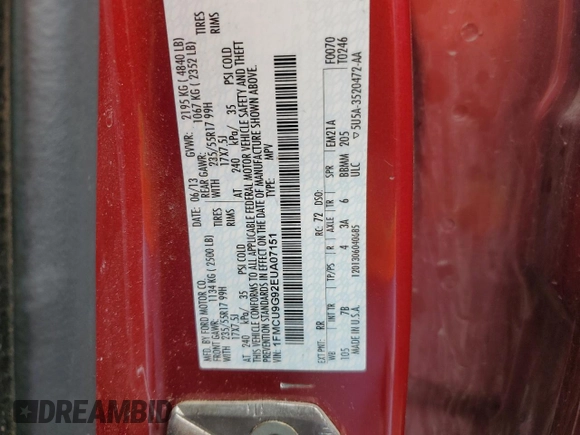 2014 Ford Escape SE with VIN 1FMCU9G92EUA07151, listed as a Copart auction lot 52312755 with 126,429 mi miles and Salvage Title. Bid and sale history available at carsss.com. Image 13.