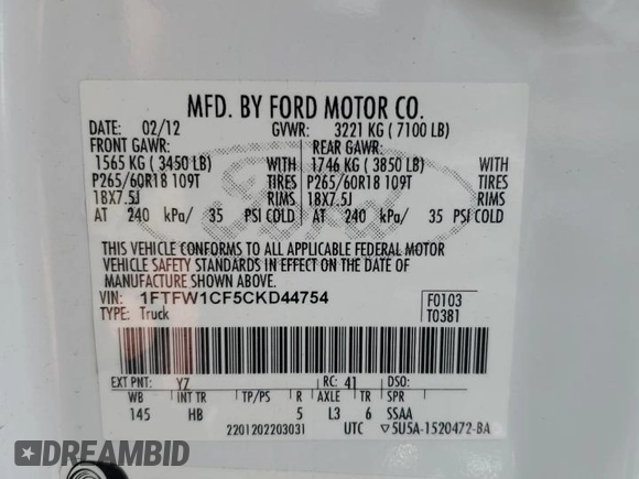 2012 Ford F-150 XL with VIN 1FTFW1CF5CKD44754, listed as a Copart auction lot 49608675 with 213,452 mi miles and Clean Title. Bid and sale history available at carsss.com. Image 12.