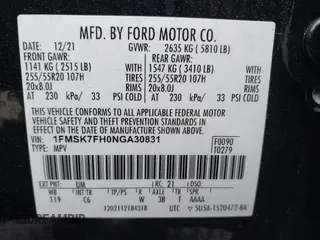 2022 Ford Explorer Limited z VIN 1FMSK7FH0NGA30831, wystawiony jako IAAI lot #42091349 z przebiegiem 43 933 mil mil oraz . Historia ofert i sprzedaży dostępna na DreamBid. Obrazek 9.