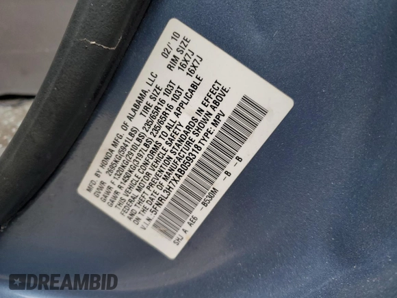 2010 Honda Odyssey EX-L z VIN 5FNRL3H7XAB059318, wystawiony jako Copart lot #85285514 z przebiegiem Nie podano mil oraz Szkoda całkowita • Salvage title. Historia ofert i sprzedaży dostępna na DreamBid. Obrazek 12.