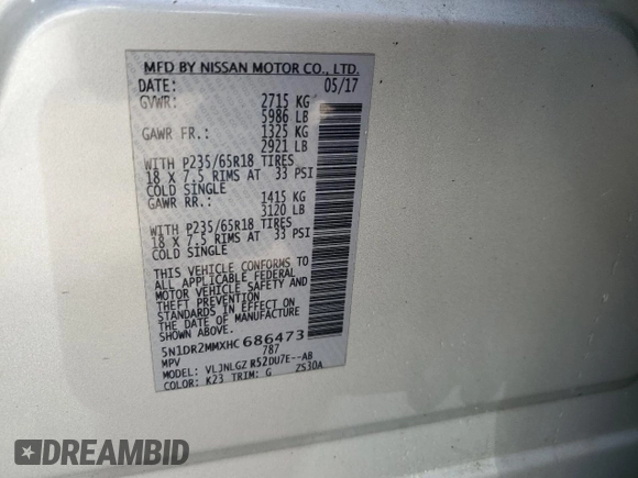 2017 Nissan Pathfinder Platinum z VIN 5N1DR2MMXHC686473, wystawiony jako Copart lot #58182055 z przebiegiem 252 933 mil mil oraz Szkoda całkowita • Salvage title. Historia ofert i sprzedaży dostępna na DreamBid. Obrazek 14.