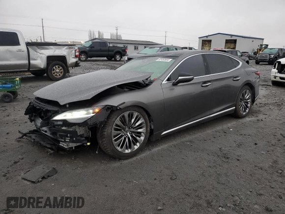 2021 Lexus LS with VIN JTHD51GF6M5009182, listed as a Copart auction lot 82450504 with 7,574 mi miles and Salvage Title. Bid and sale history available at carsss.com. Image 1.
