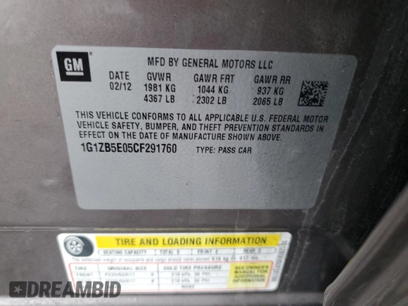 2012 Chevrolet Malibu 1LS with VIN 1G1ZB5E05CF291760, listed as a Copart auction lot 47405595 with 163,777 mi miles and Clean Title. Bid and sale history available at DreamBid. Image 12.