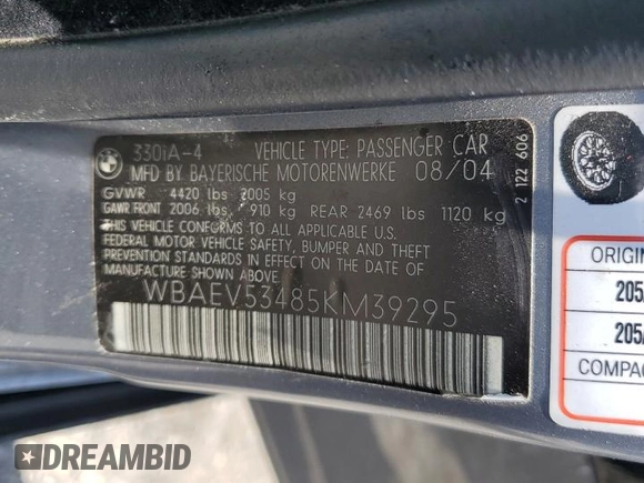 2005 BMW 3 Series 330i with VIN WBAEV53485KM39295, listed as a Copart auction lot 61581235 with 185,054 mi miles and Salvage title. Bid and sale history available at DreamBid. Image 12.