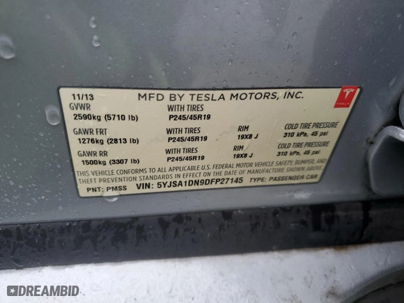 2013 Tesla Model S with VIN 5YJSA1DN9DFP27145, listed as a Copart auction lot 43459425 with 0 miles and Clean Title. Bid and sale history available at carsss.com. Image 12.
