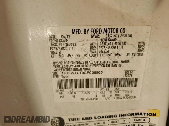 2012 Ford F-150 XL z VIN 1FTFW1CT9CFC08965, wystawiony jako Copart lot #51011135 z przebiegiem 224 625 mil mil oraz Szkoda całkowita • Salvage title. Historia ofert i sprzedaży dostępna na DreamBid. Obrazek 12.