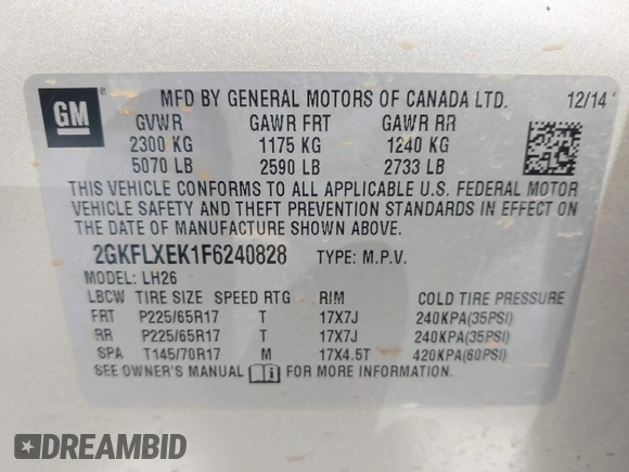2015 GMC Terrain SLT z VIN 2GKFLXEK1F6240828, wystawiony jako IAAI lot #42164143 z przebiegiem 129 652 mil mil oraz . Historia ofert i sprzedaży dostępna na DreamBid. Obrazek 9.