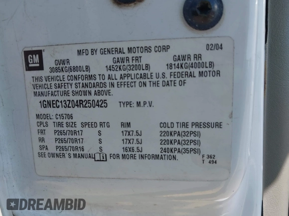 2004 Chevrolet Tahoe LT with VIN 1GNEC13Z04R250425, listed as a IAAI auction lot 42468164 with 237,684 mi miles and . Bid and sale history available at DreamBid. Image 9.