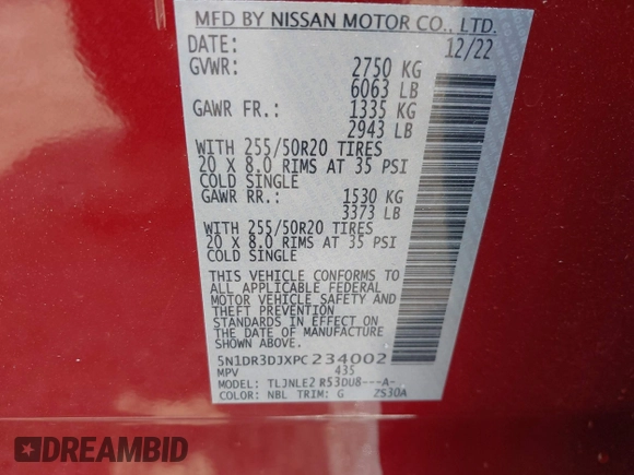 2023 Nissan Pathfinder Platinum with VIN 5N1DR3DJXPC234002, listed as a IAAI auction lot 42480807 with 21,477 mi miles and . Bid and sale history available at DreamBid. Image 9.