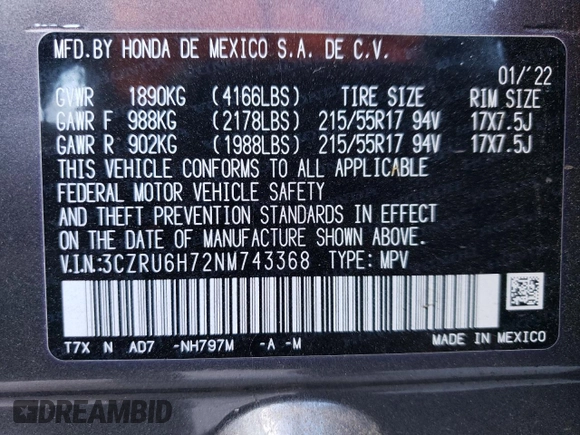 2022 Honda HR-V EX-L with VIN 3CZRU6H72NM743368, listed as a Copart auction lot 86986014 with 19,886 mi miles and Salvage Title. Bid and sale history available at carsss.com. Image 13.