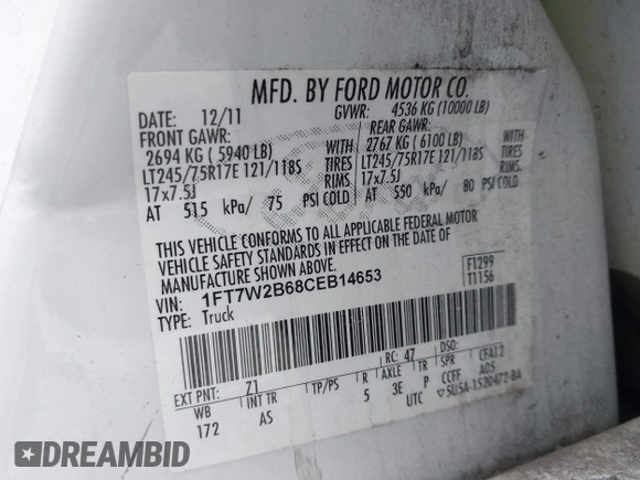 2012 Ford F-250 XL with VIN 1FT7W2B68CEB14653, listed as a IAAI auction lot 41318010 with 138,053 mi miles and . Bid and sale history available at DreamBid. Image 9.