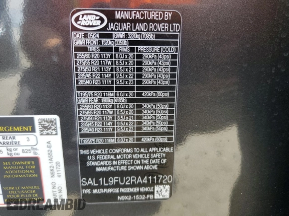 2024 Land Rover Range Rover Sport Dynamic SE with VIN SAL1L9FU2RA411720, listed as a Copart auction lot 50358925 with 10,425 mi miles and Salvage title. Bid and sale history available at DreamBid. Image 12.