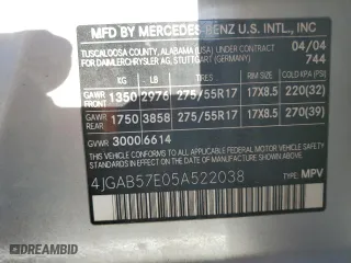 2005 Mercedes-Benz M-Class 3.7L with VIN 4JGAB57E05A522038, listed as a Copart auction lot 86013784 with 167,256 mi miles and Salvage Title. Bid and sale history available at carsss.com. Image 13.