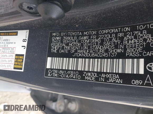 2010 Toyota Prius II z VIN JTDKN3DU8A0245137, wystawiony jako IAAI lot #42080029 z przebiegiem 204 956 mil mil oraz . Historia ofert i sprzedaży dostępna na DreamBid. Obrazek 9.