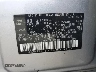 2015 Subaru Outback Premium with VIN 4S4BSACC6F3259593, listed as a Copart auction lot 54944375 with 114,260 mi miles and Salvage Title. Bid and sale history available at DreamBid. Image 13.