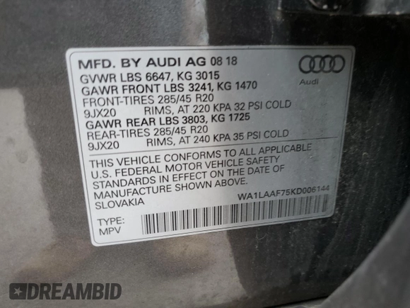 2019 Audi Q7 Premium Plus z VIN WA1LAAF75KD006144, wystawiony jako Copart lot #57256785 z przebiegiem 70 690 mil mil oraz Szkody całkowita. Historia ofert i sprzedaży dostępna na DreamBid. Obrazek 13.
