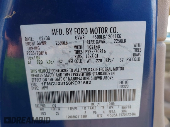 2008 Ford Escape XLT z VIN 1FMCU03158KD31562, wystawiony jako IAAI lot #42319652 z przebiegiem 123 926 mil mil oraz . Historia ofert i sprzedaży dostępna na DreamBid. Obrazek 9.