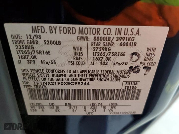 1999 Ford F-250 XL with VIN 1FTNX21F0XEC99244, listed as a Copart auction lot 72545104 with 264,697 mi miles and Salvage Title. Bid and sale history available at DreamBid. Image 13.