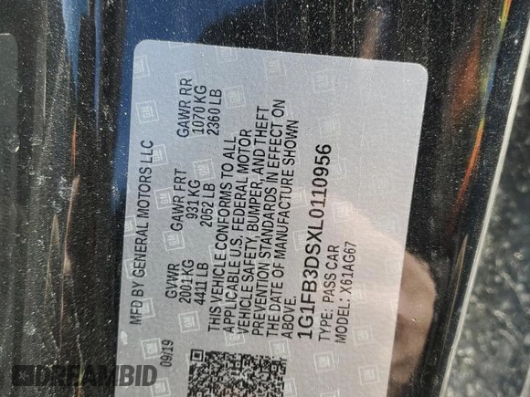 2020 Chevrolet Camaro 1LT with VIN 1G1FB3DSXL0110956, listed as a Copart auction lot 41703745 with 80,492 mi miles and Salvage Title. Bid and sale history available at carsss.com. Image 12.