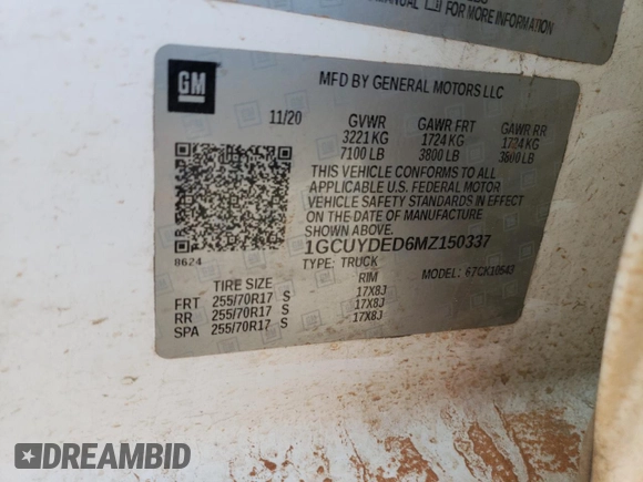 2021 Chevrolet Silverado 1500 LT z VIN 1GCUYDED6MZ150337, wystawiony jako Copart lot #51174215 z przebiegiem 118 941 mil mil oraz Szkoda całkowita • Salvage title. Historia ofert i sprzedaży dostępna na DreamBid. Obrazek 12.